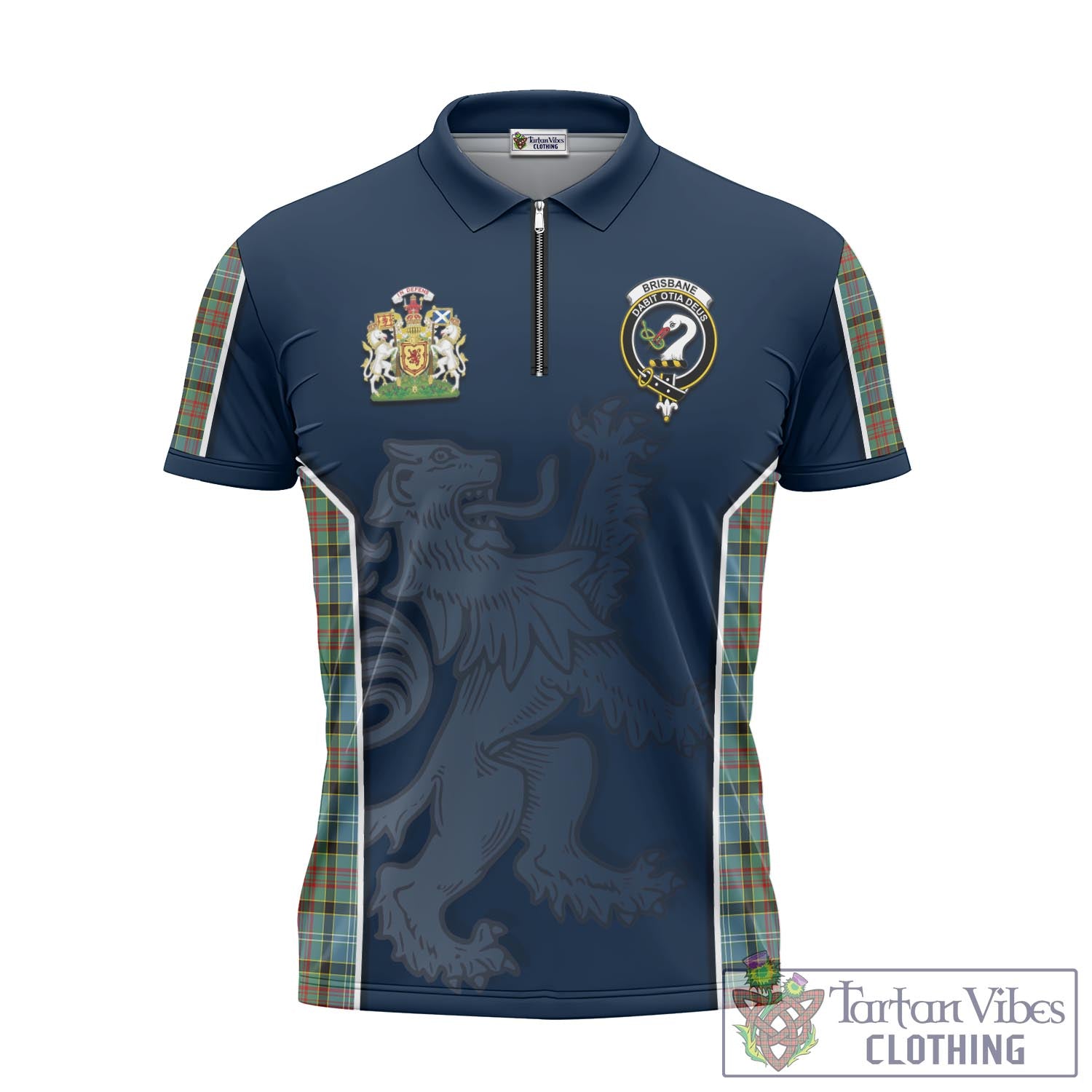 Tartan Vibes Clothing Brisbane modern Tartan Zipper Polo Shirt with Family Crest and Lion Rampant Vibes Sport Style