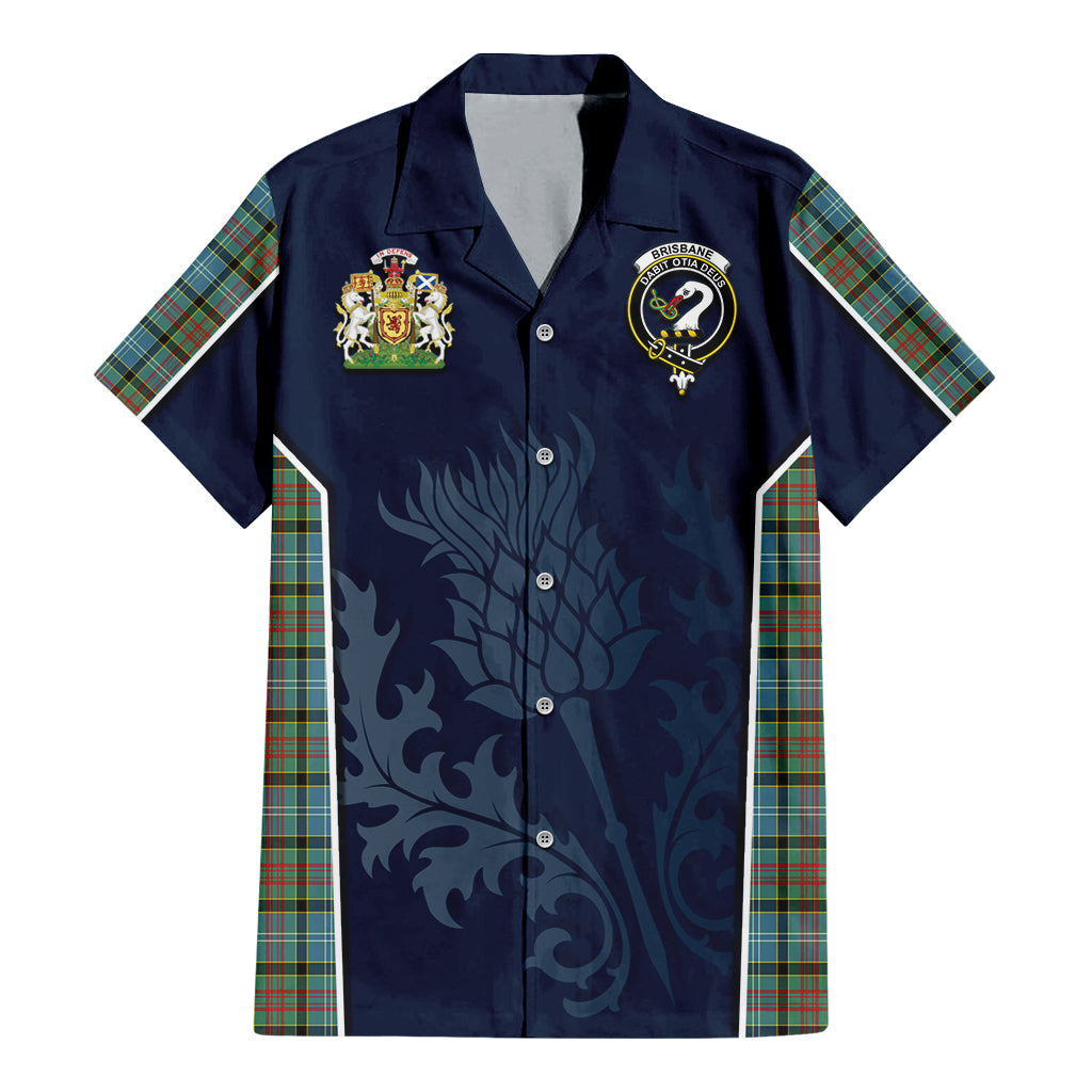 Tartan Vibes Clothing Brisbane modern Tartan Short Sleeve Button Up Shirt with Family Crest and Scottish Thistle Vibes Sport Style