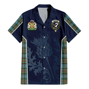 Brisbane Tartan Short Sleeve Button Up Shirt with Family Crest and Scottish Thistle Vibes Sport Style