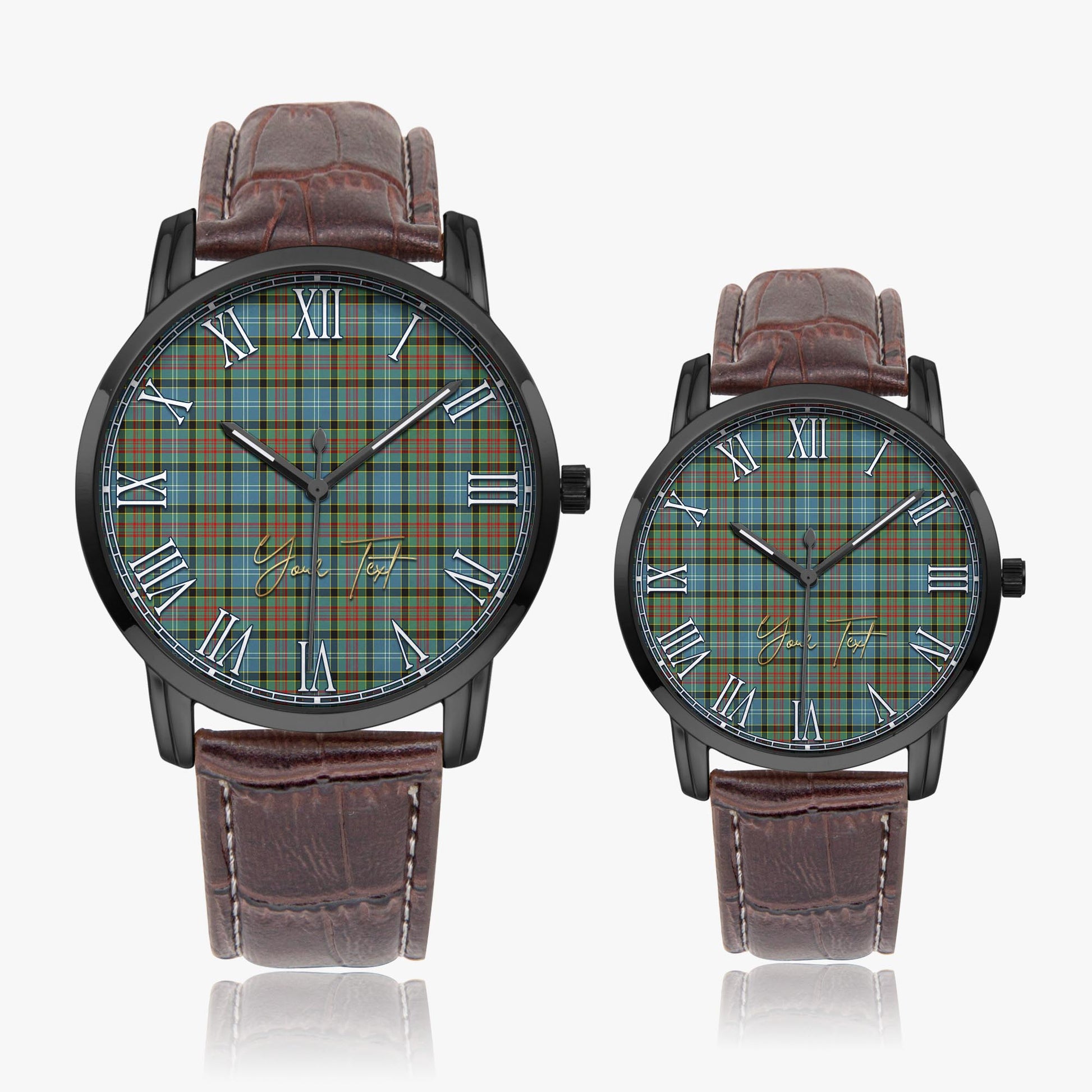 Brisbane modern Tartan Personalized Your Text Leather Trap Quartz Watch Wide Type Black Case With Brown Leather Strap - Tartanvibesclothing