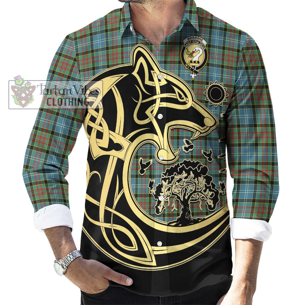 Brisbane Tartan Long Sleeve Button Shirt with Family Crest Celtic Wolf Style - Tartan Vibes Clothing