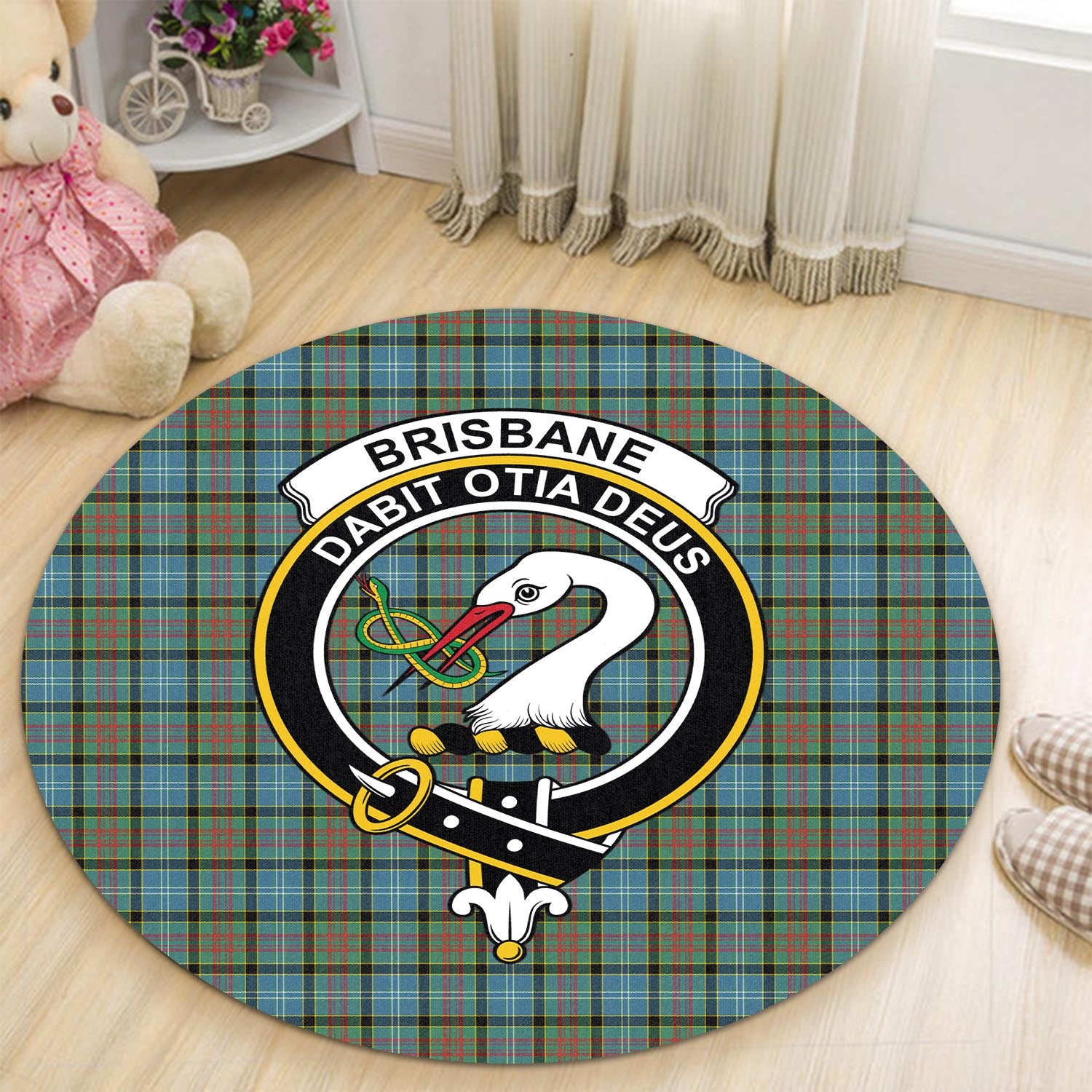 Brisbane modern Tartan Round Rug with Family Crest - Tartanvibesclothing