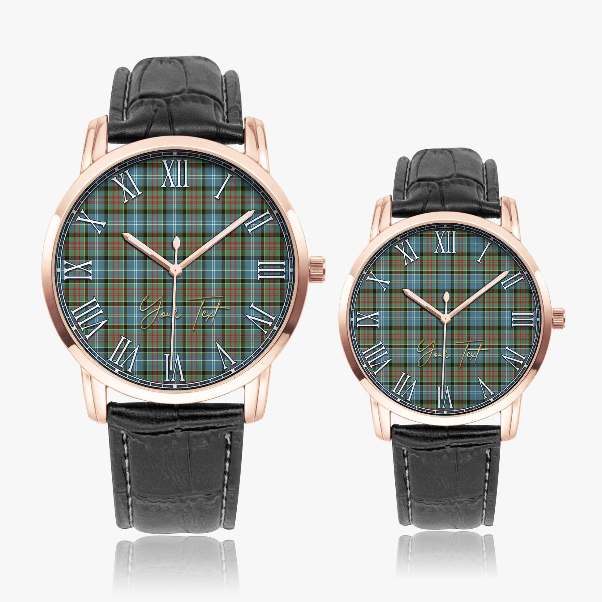 Brisbane modern Tartan Personalized Your Text Leather Trap Quartz Watch Wide Type Rose Gold Case With Black Leather Strap - Tartanvibesclothing