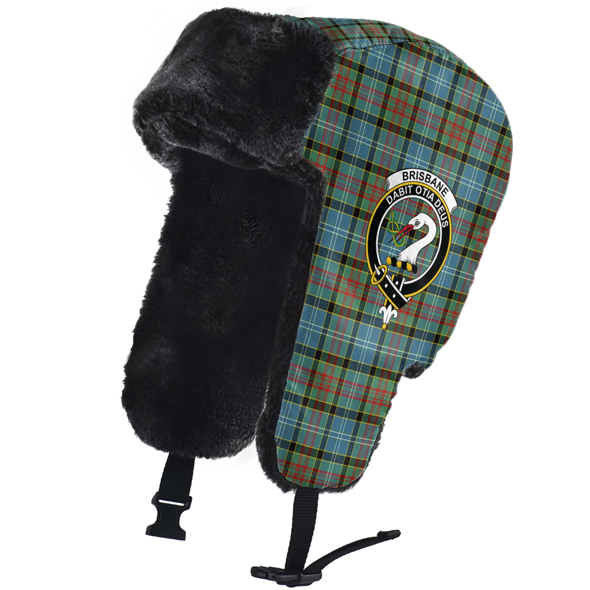 Brisbane modern Tartan Winter Trapper Hat with Family Crest - Tartanvibesclothing