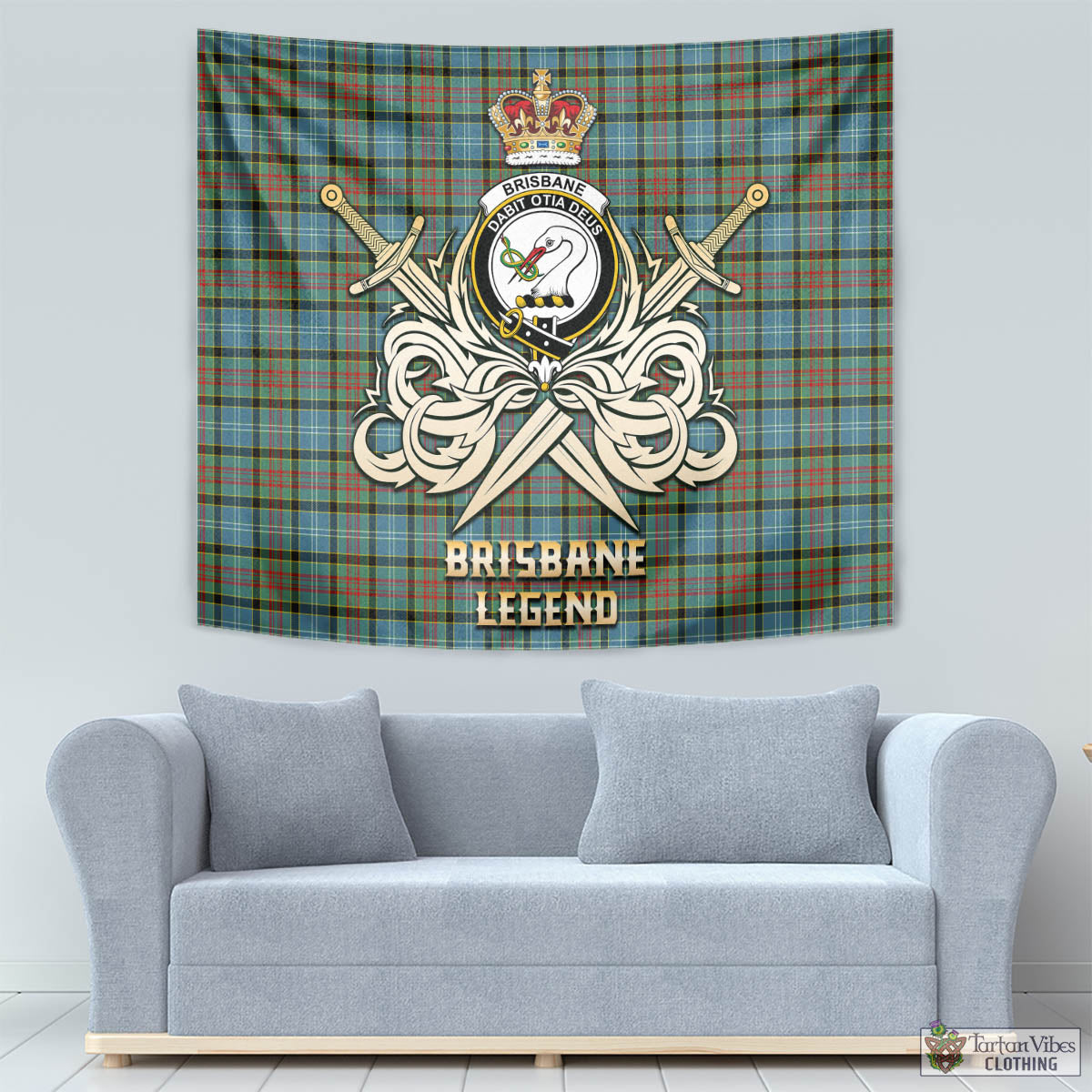 Tartan Vibes Clothing Brisbane modern Tartan Tapestry with Clan Crest and the Golden Sword of Courageous Legacy