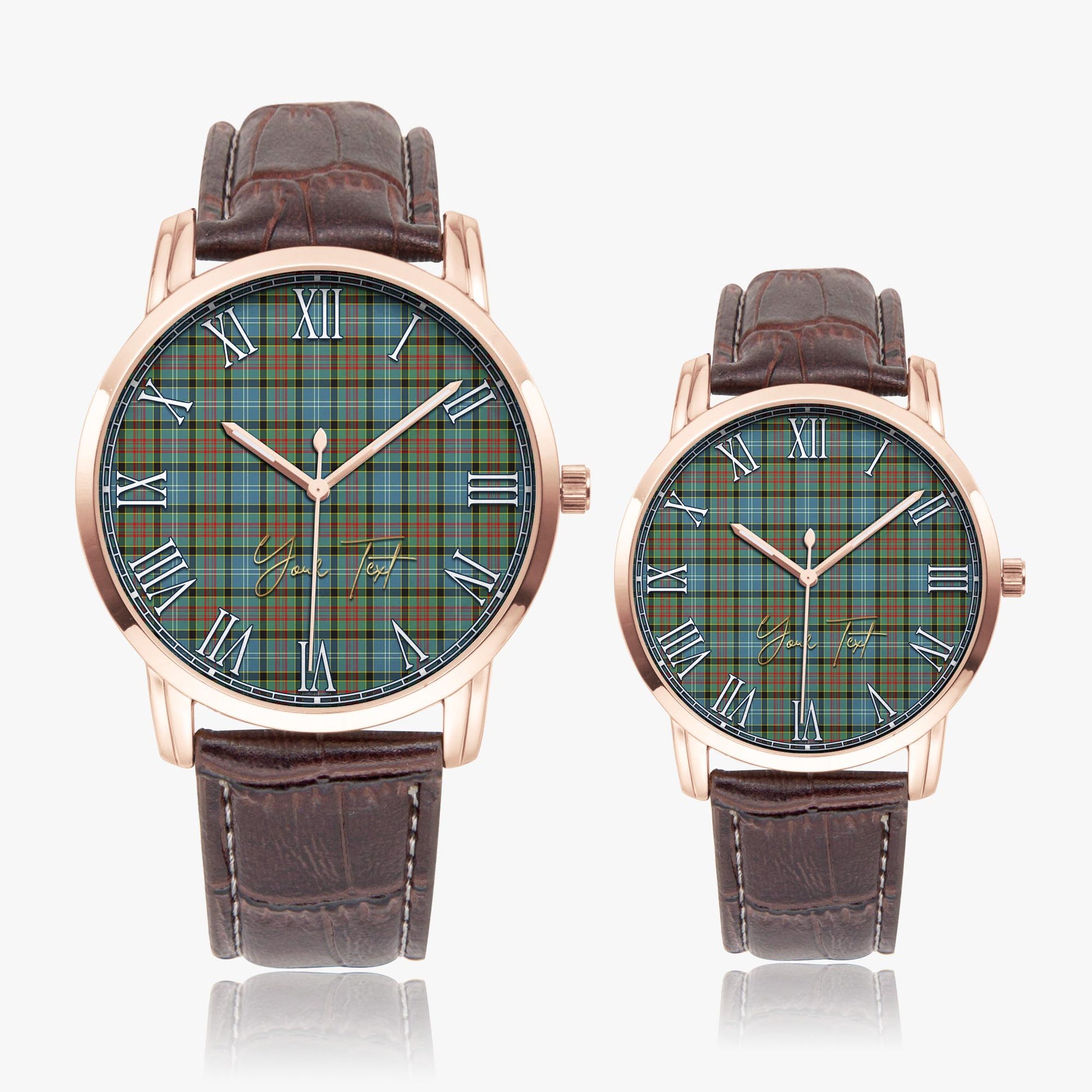 Brisbane modern Tartan Personalized Your Text Leather Trap Quartz Watch Wide Type Rose Gold Case With Brown Leather Strap - Tartanvibesclothing