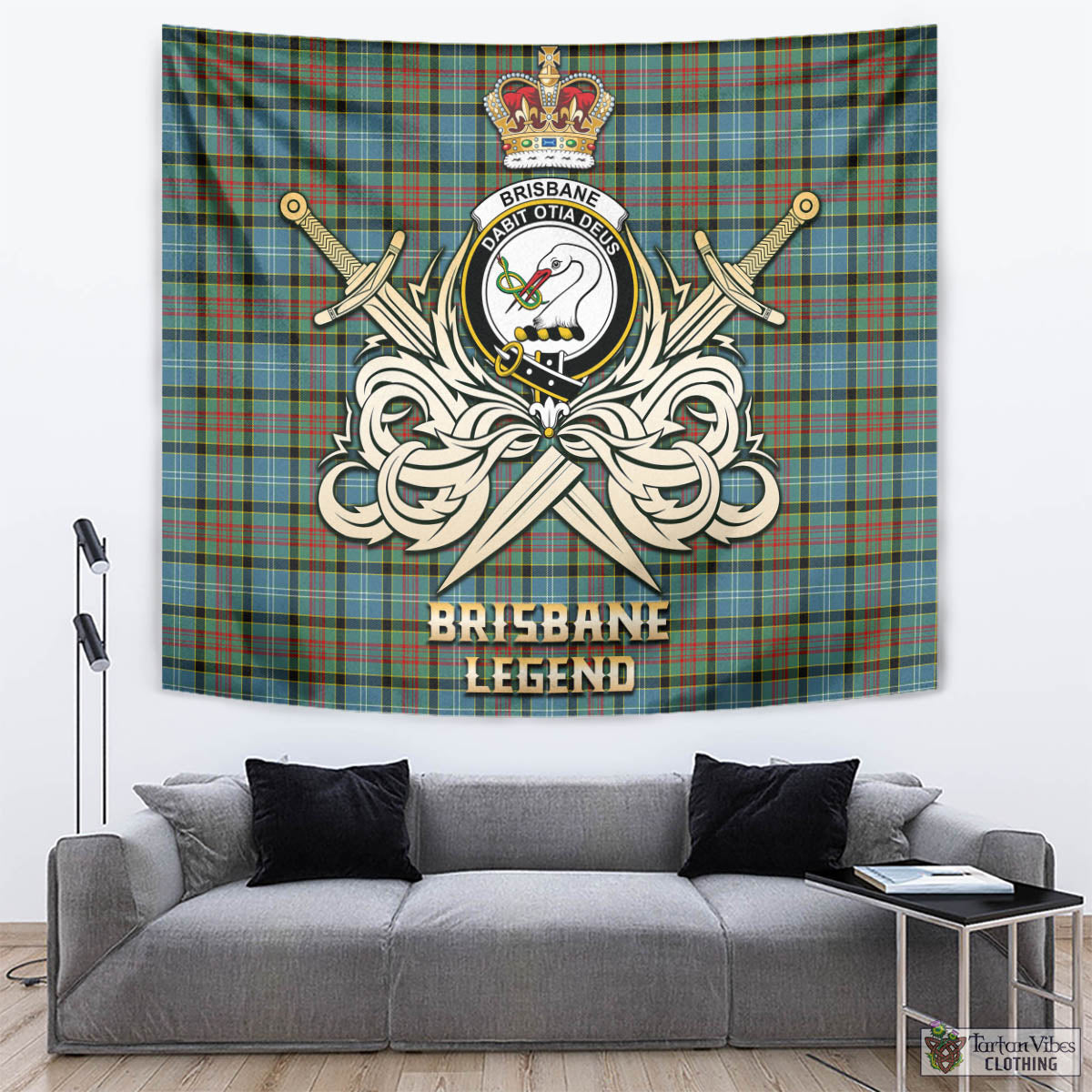 Tartan Vibes Clothing Brisbane modern Tartan Tapestry with Clan Crest and the Golden Sword of Courageous Legacy