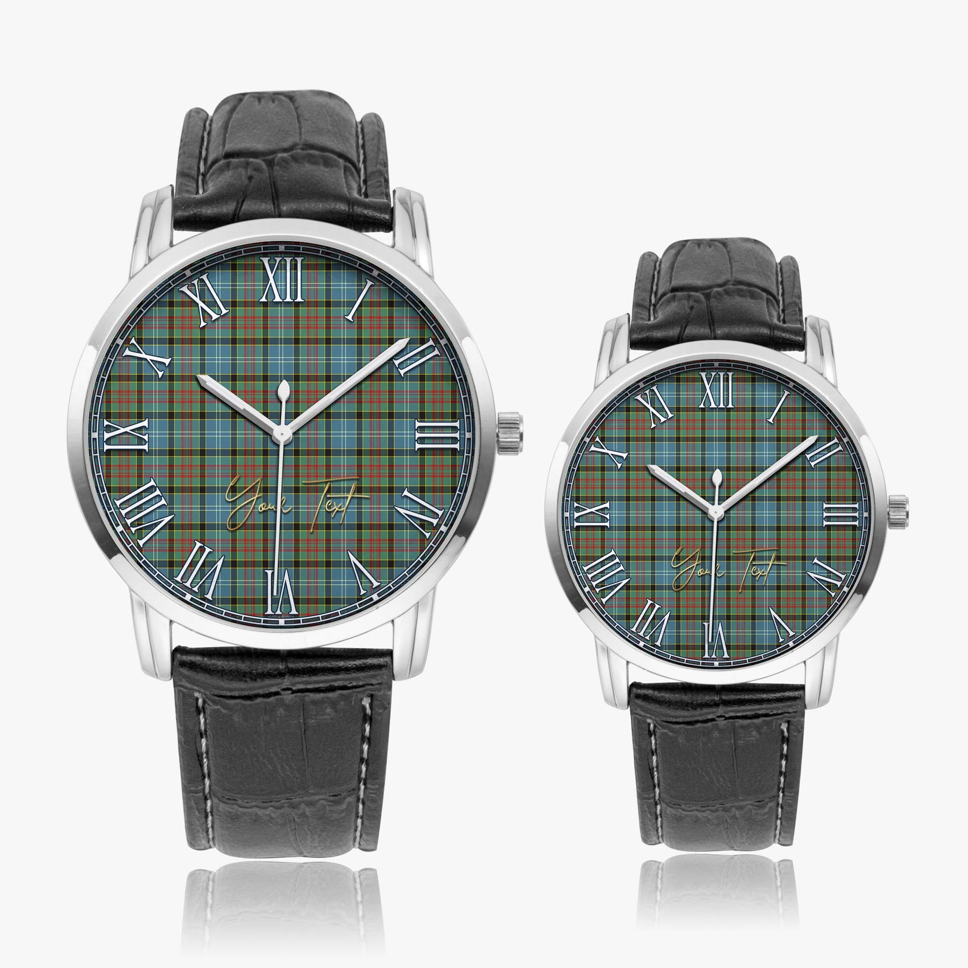 Brisbane modern Tartan Personalized Your Text Leather Trap Quartz Watch Wide Type Silver Case With Black Leather Strap - Tartanvibesclothing