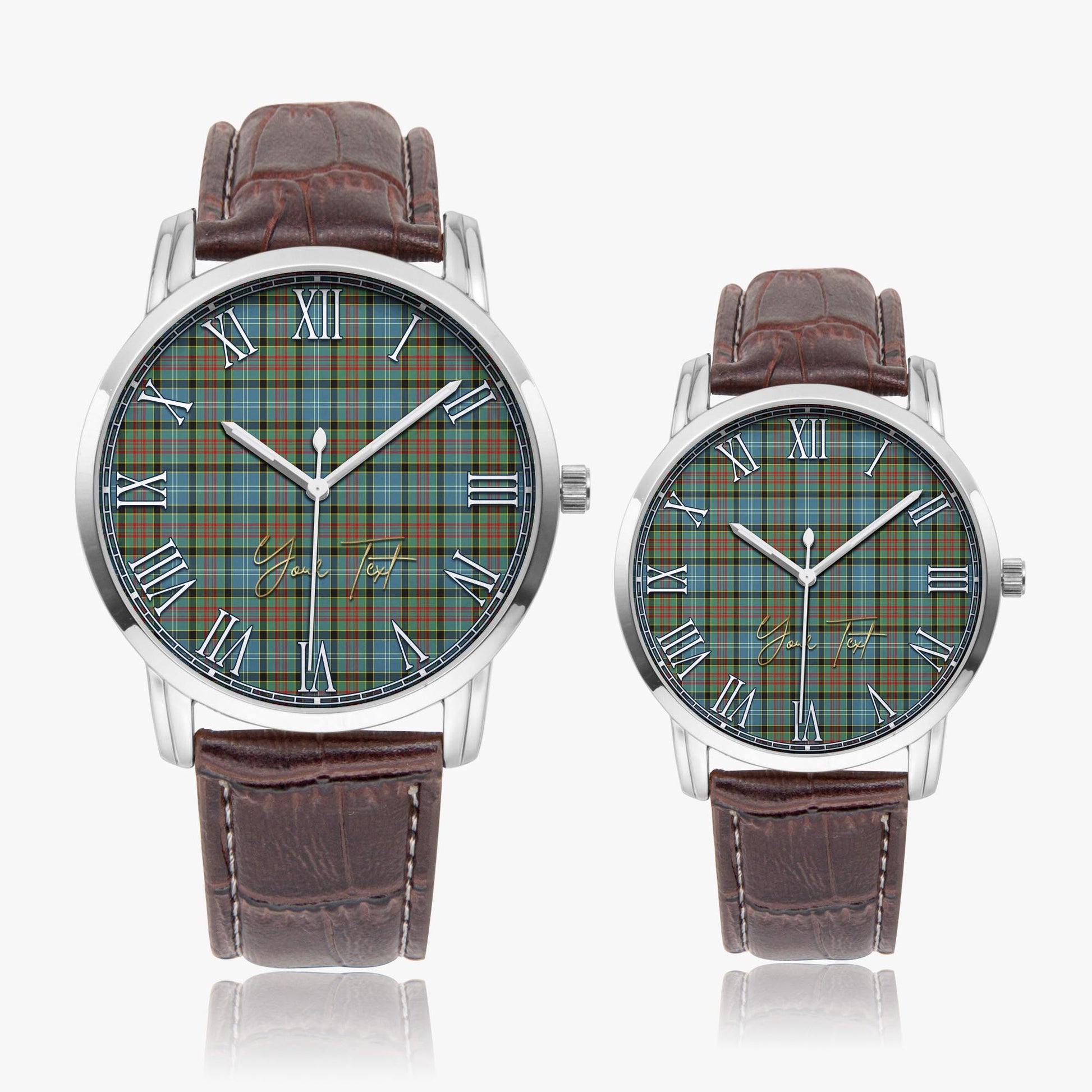 Brisbane modern Tartan Personalized Your Text Leather Trap Quartz Watch Wide Type Silver Case With Brown Leather Strap - Tartanvibesclothing