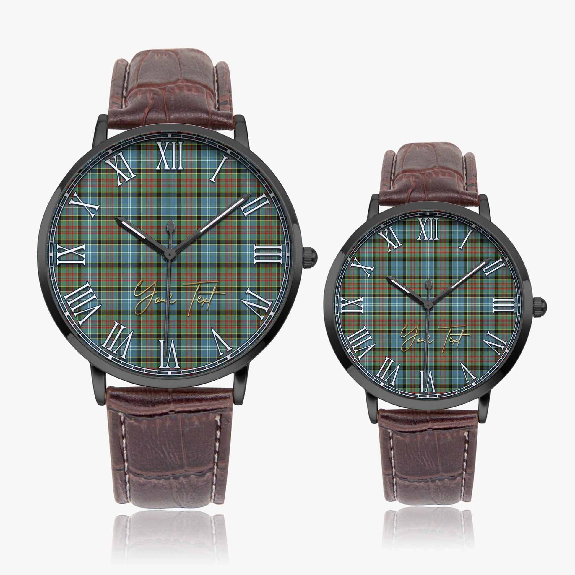 Brisbane modern Tartan Personalized Your Text Leather Trap Quartz Watch Ultra Thin Black Case With Brown Leather Strap - Tartanvibesclothing