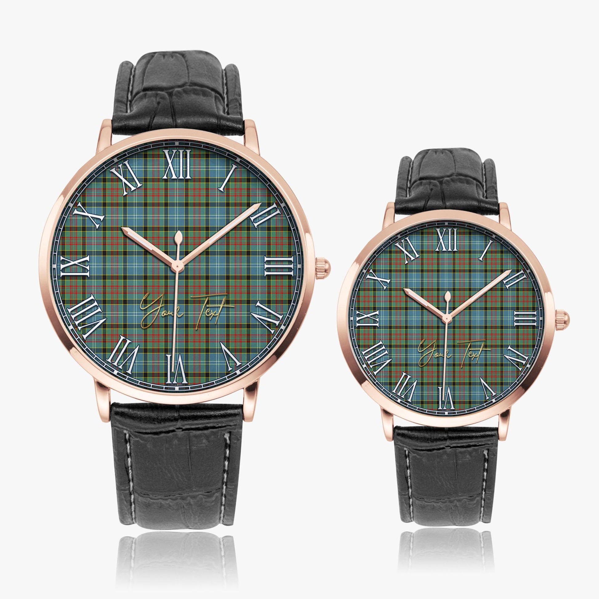 Brisbane modern Tartan Personalized Your Text Leather Trap Quartz Watch Ultra Thin Rose Gold Case With Black Leather Strap - Tartanvibesclothing