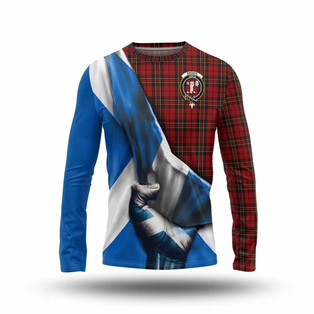 Tartan Vibes Clothing Brodie Tartan Long Sleeve T-Shirt with Family Crest Scotland Patriotic Style