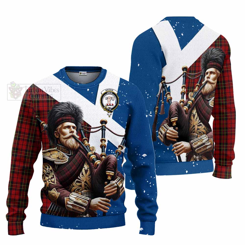 Tartan Vibes Clothing Brodie Tartan Knitted Sweater with Family Crest Scottish Bagpiper Vibes