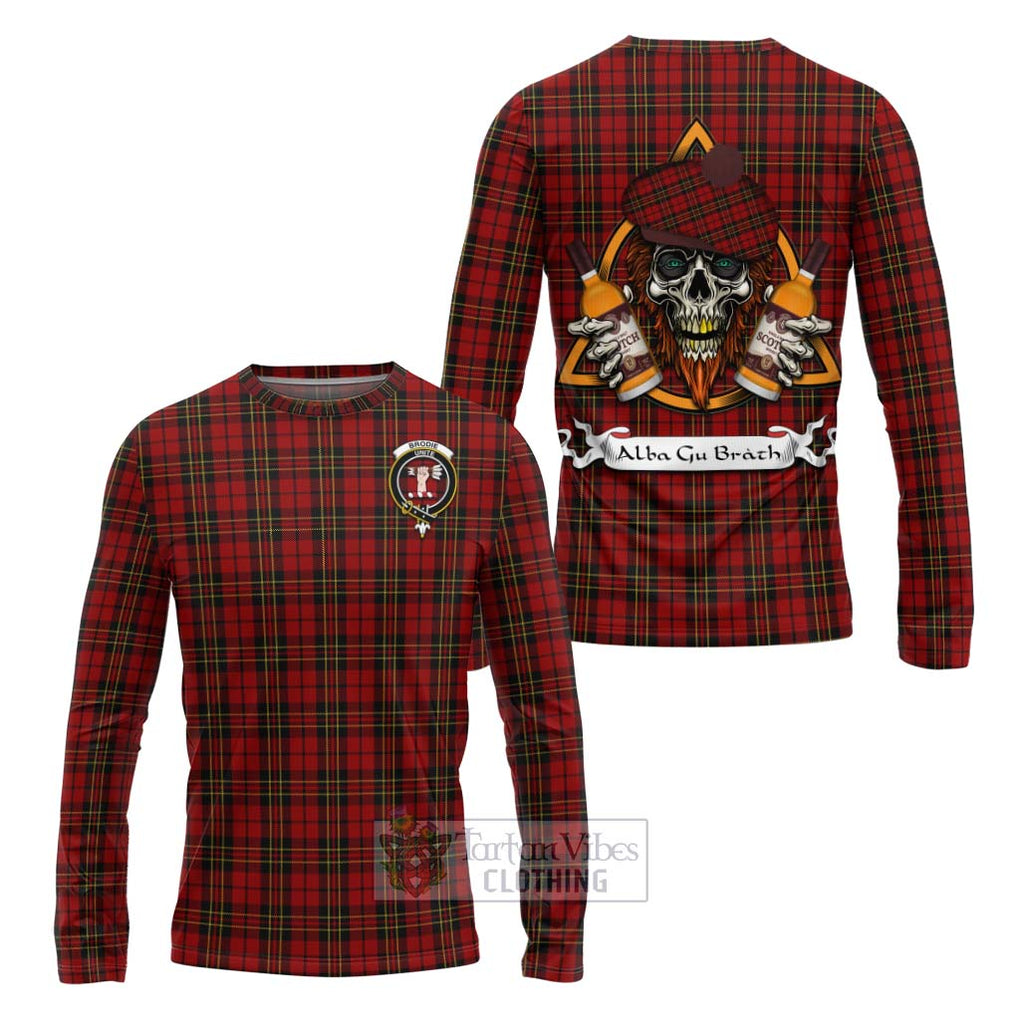 Tartan Vibes Clothing Brodie Tartan Long Sleeve T-Shirt with Family Crest and Bearded Skull Holding Bottles of Whiskey