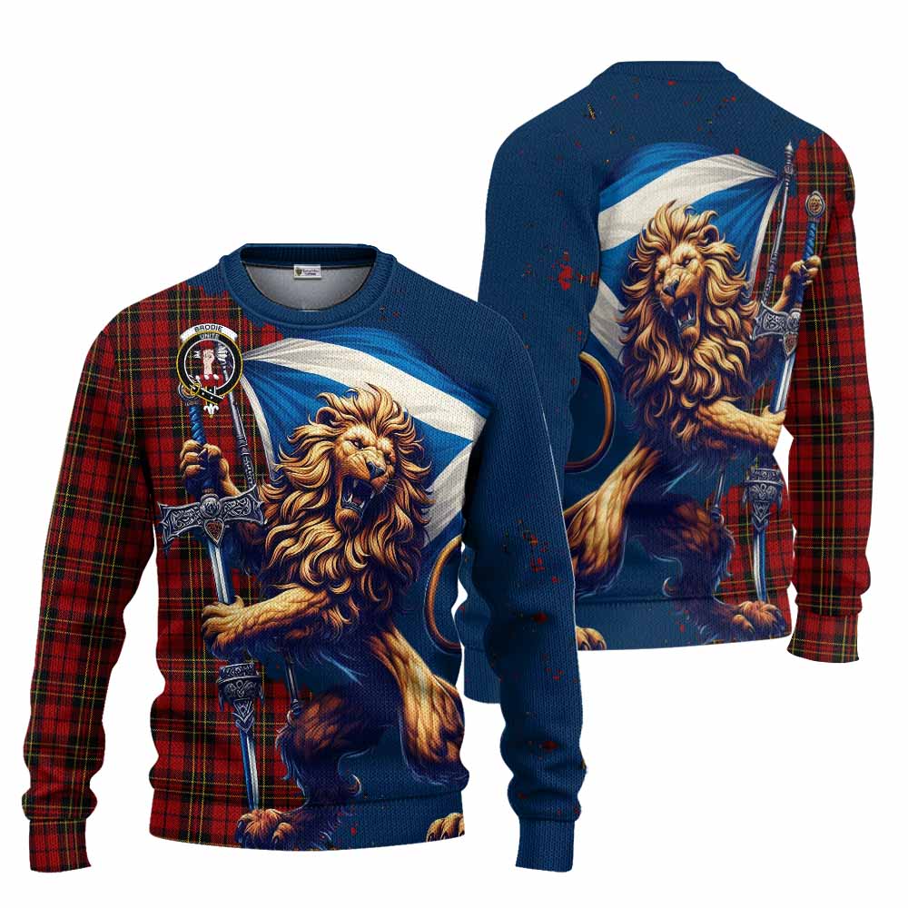 Tartan Vibes Clothing Brodie Tartan Family Crest Knitted Sweater with Scottish Majestic Lion