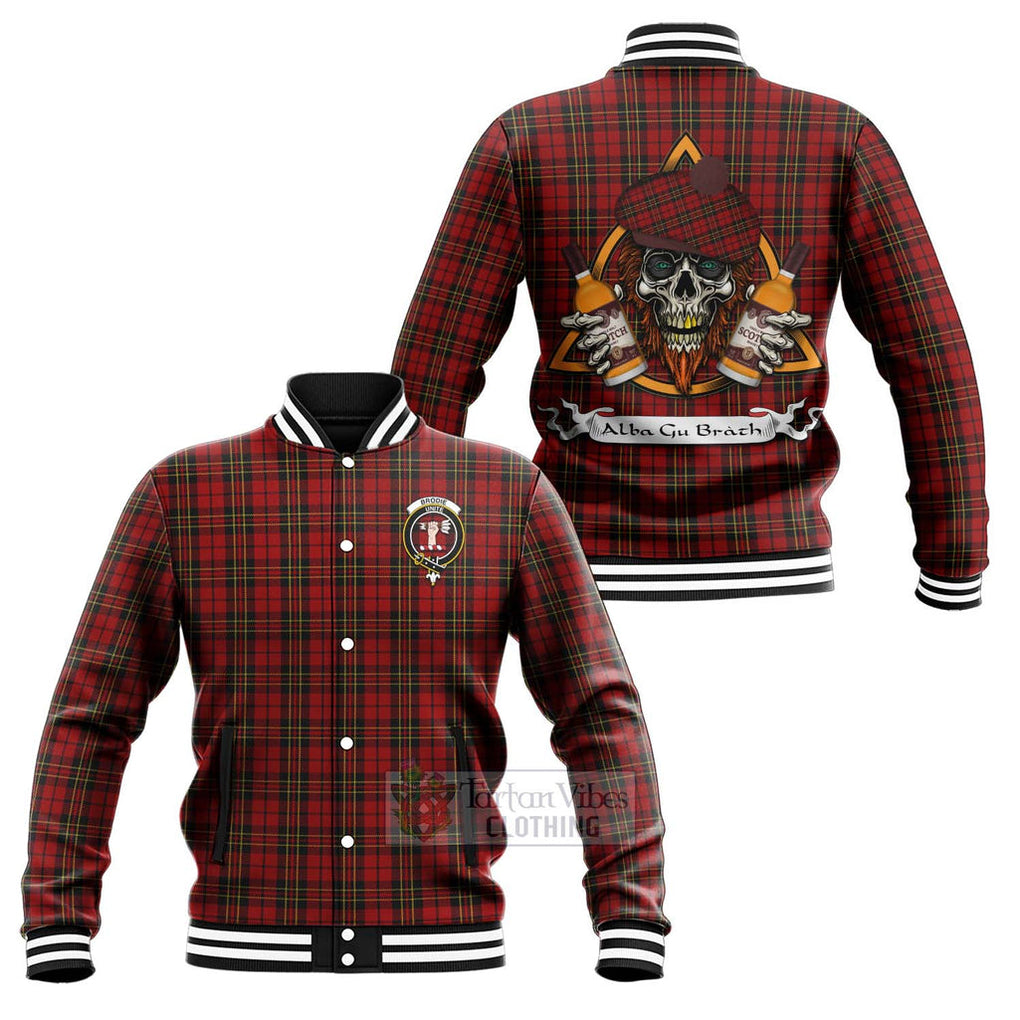 Tartan Vibes Clothing Brodie Tartan Baseball Jacket with Family Crest and Bearded Skull Holding Bottles of Whiskey