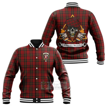 Brodie Tartan Baseball Jacket with Family Crest and Bearded Skull Holding Bottles of Whiskey