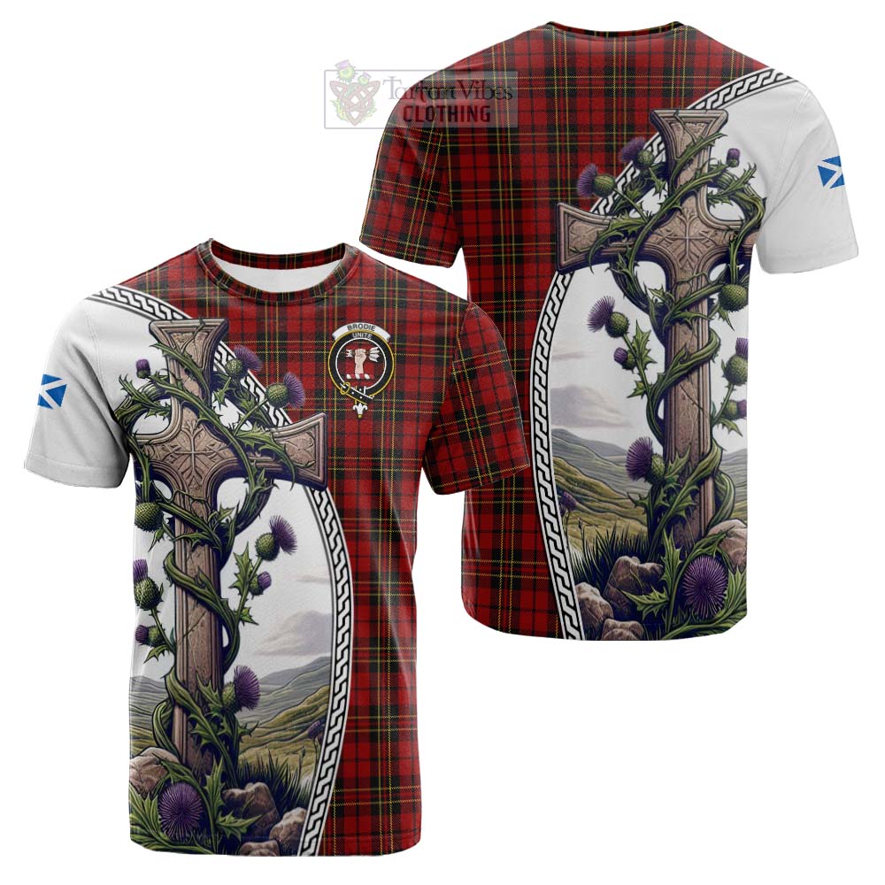 Tartan Vibes Clothing Brodie Tartan Cotton T-shirt with Family Crest and St. Andrew's Cross Accented by Thistle Vines