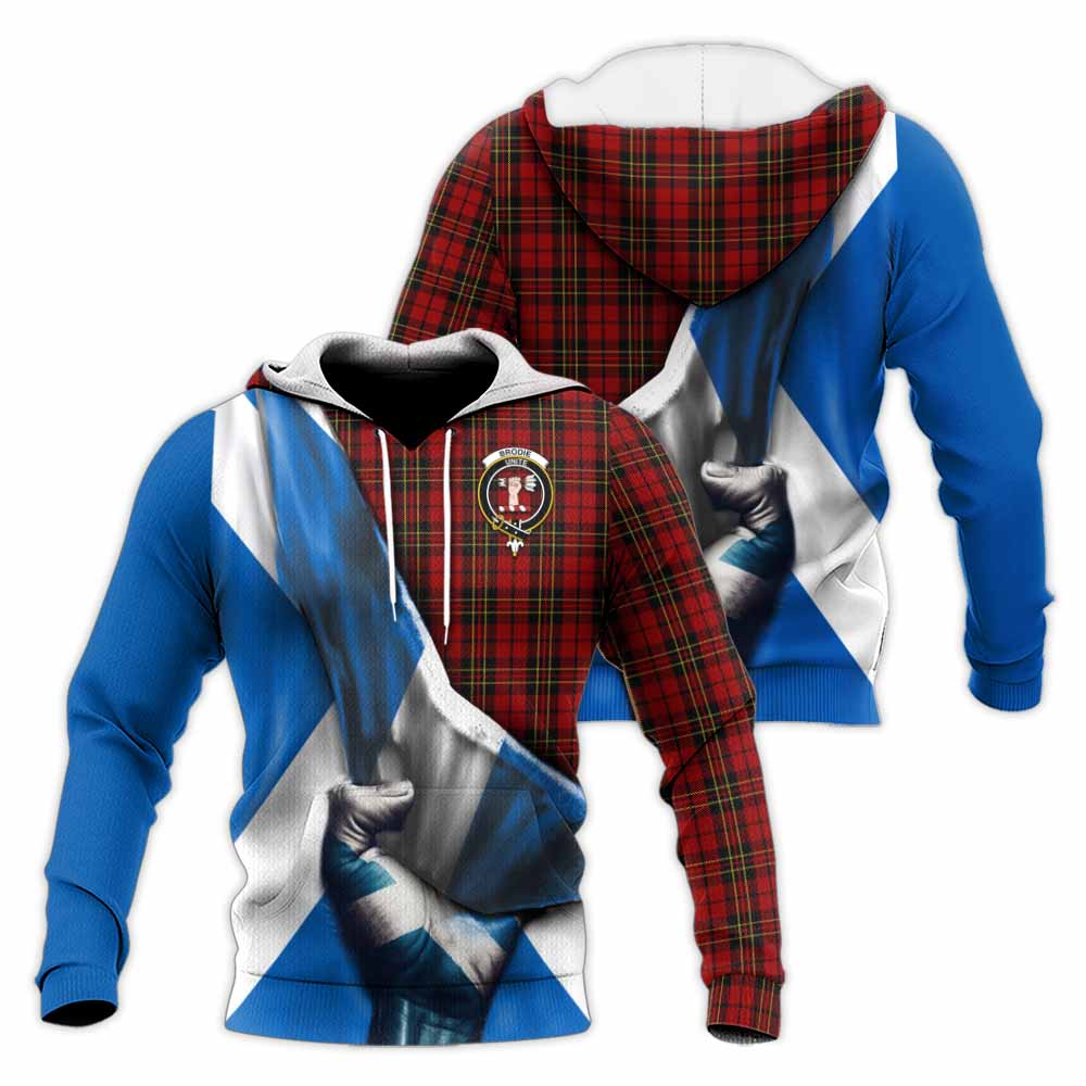 Tartan Vibes Clothing Brodie Tartan Knitted Hoodie with Family Crest Scotland Patriotic Style