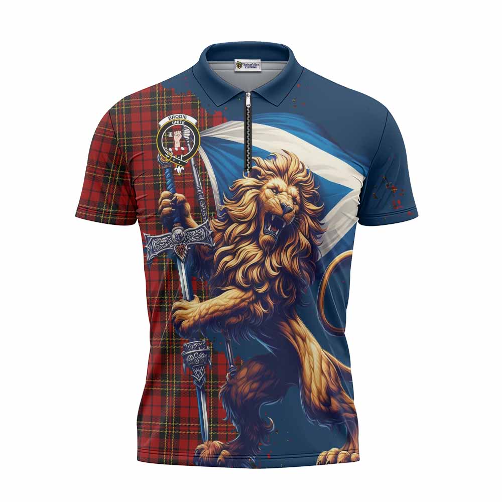 Tartan Vibes Clothing Brodie Tartan Family Crest Zipper Polo Shirt with Scottish Majestic Lion