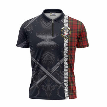 Brodie Tartan Zipper Polo Shirt with Family Crest Cross Sword Thistle Celtic Vibes