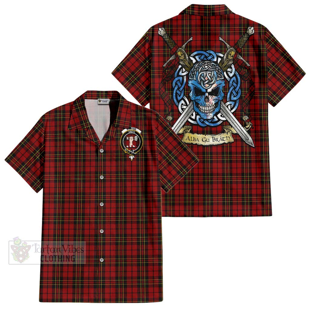 Tartan Vibes Clothing Brodie Tartan Short Sleeve Button Shirt with Family Crest Celtic Skull Style