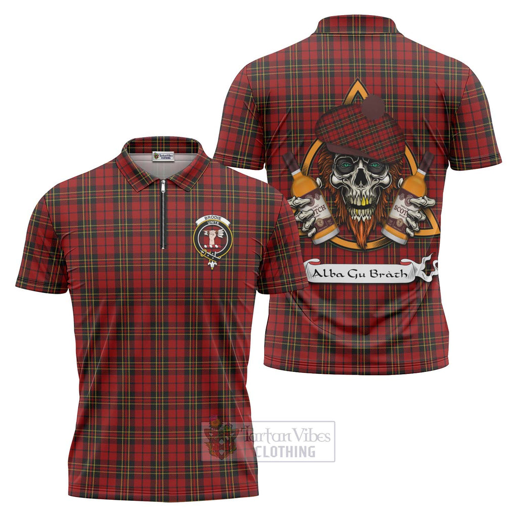 Tartan Vibes Clothing Brodie Tartan Zipper Polo Shirt with Family Crest and Bearded Skull Holding Bottles of Whiskey