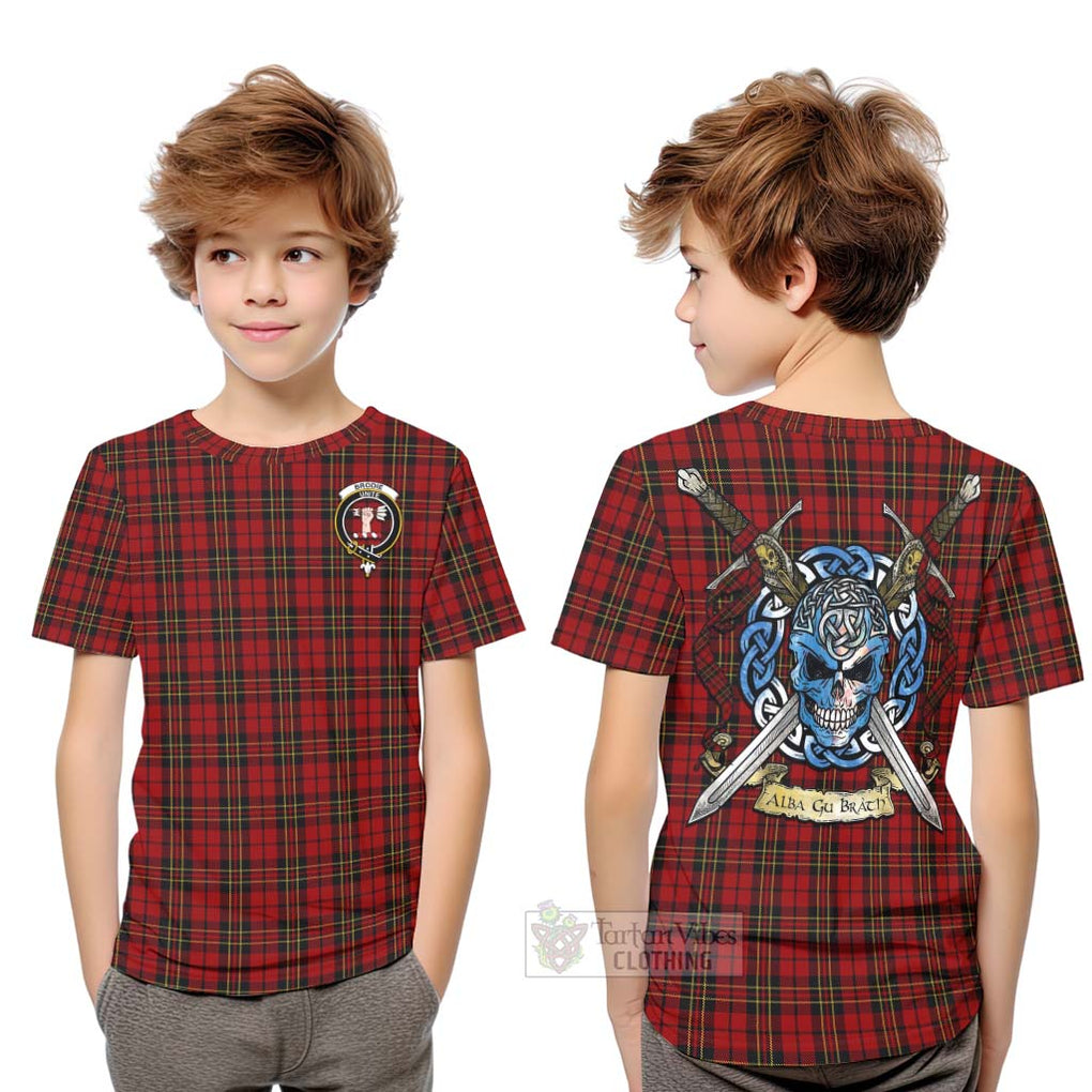 Tartan Vibes Clothing Brodie Tartan Kid T-Shirt with Family Crest Celtic Skull Style