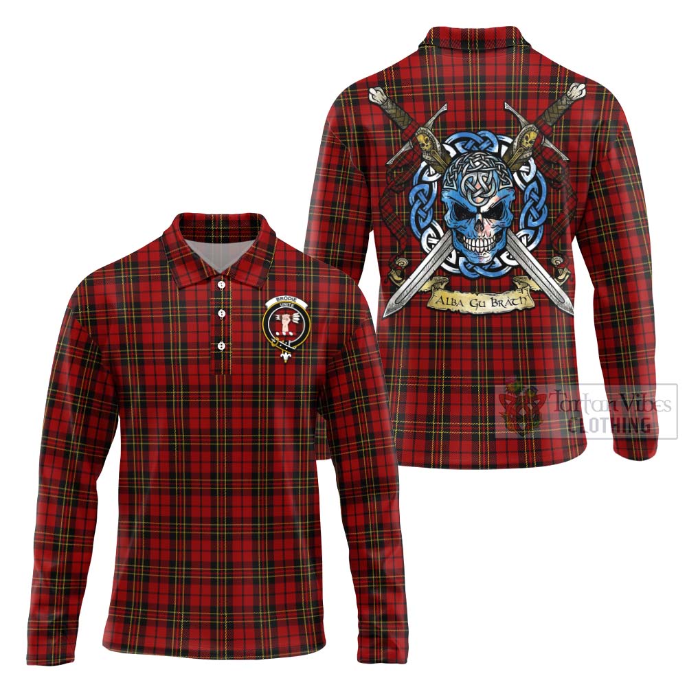 Tartan Vibes Clothing Brodie Tartan Long Sleeve Polo Shirt with Family Crest Celtic Skull Style