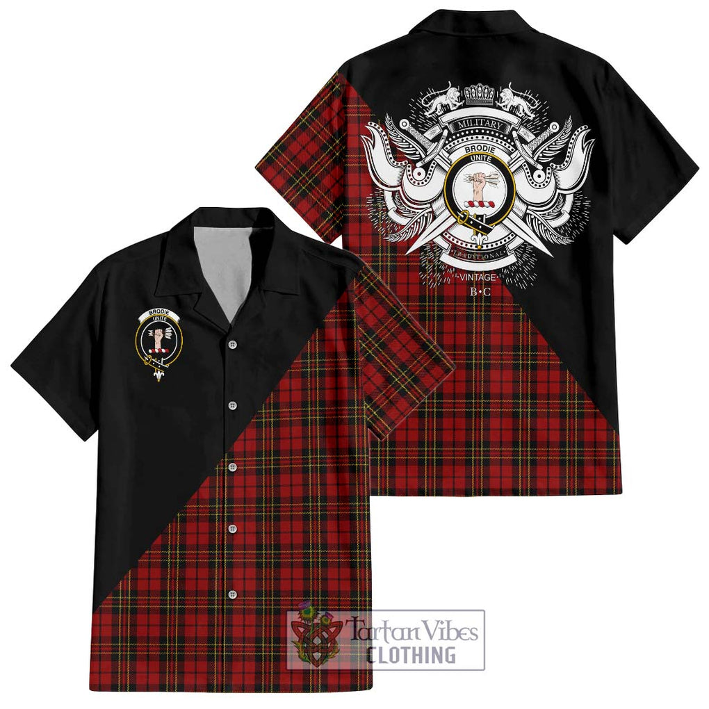 Brodie Tartan Short Sleeve Button Shirt with Family Crest and Military Logo Style Kid - Tartanvibesclothing Shop