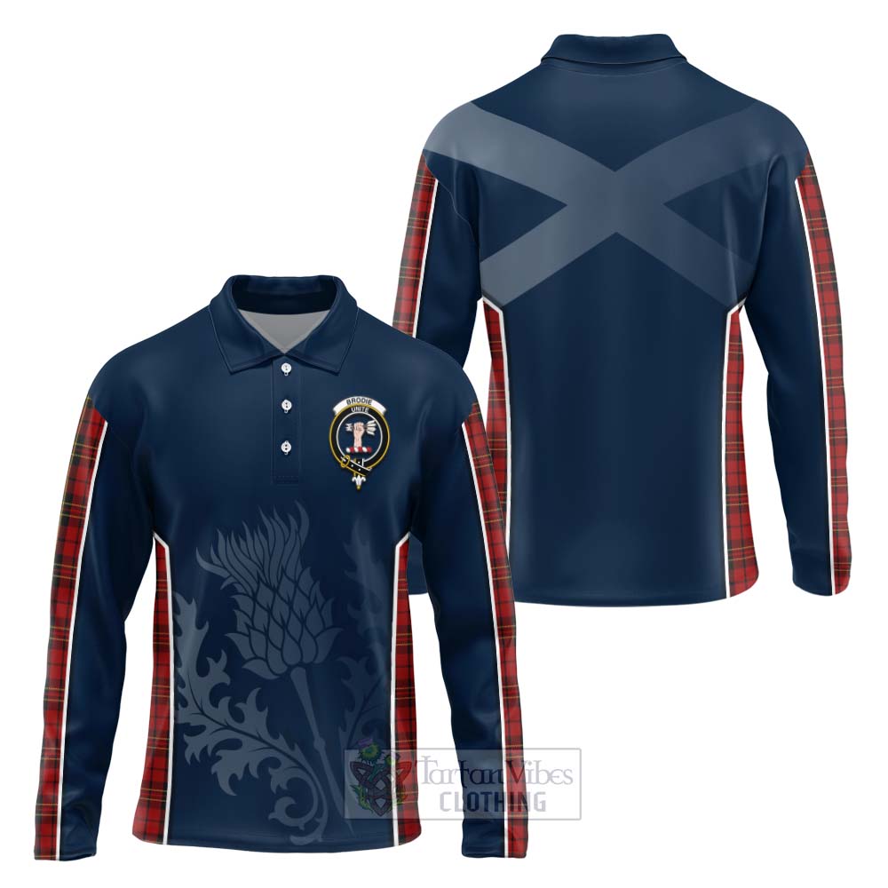 Tartan Vibes Clothing Brodie Tartan Long Sleeve Polo Shirt with Family Crest and Scottish Thistle Vibes Sport Style