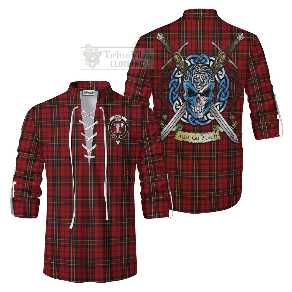 Tartan Vibes Clothing Brodie Tartan Ghillie Kilt Shirt with Family Crest Celtic Skull Style