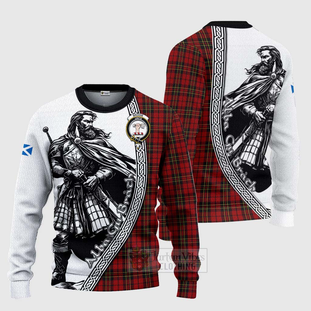 Tartan Vibes Clothing Brodie Tartan Clan Crest Knitted Sweater with Highlander Warrior Celtic Style