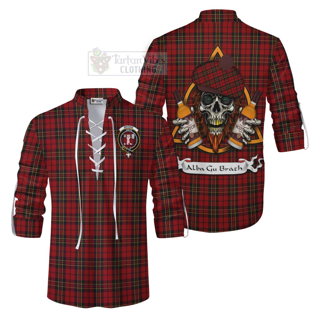 Tartan Vibes Clothing Brodie Tartan Ghillie Kilt Shirt with Family Crest and Bearded Skull Holding Bottles of Whiskey