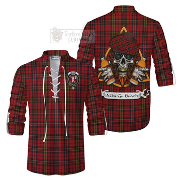 Brodie Tartan Ghillie Kilt Shirt with Family Crest and Bearded Skull Holding Bottles of Whiskey