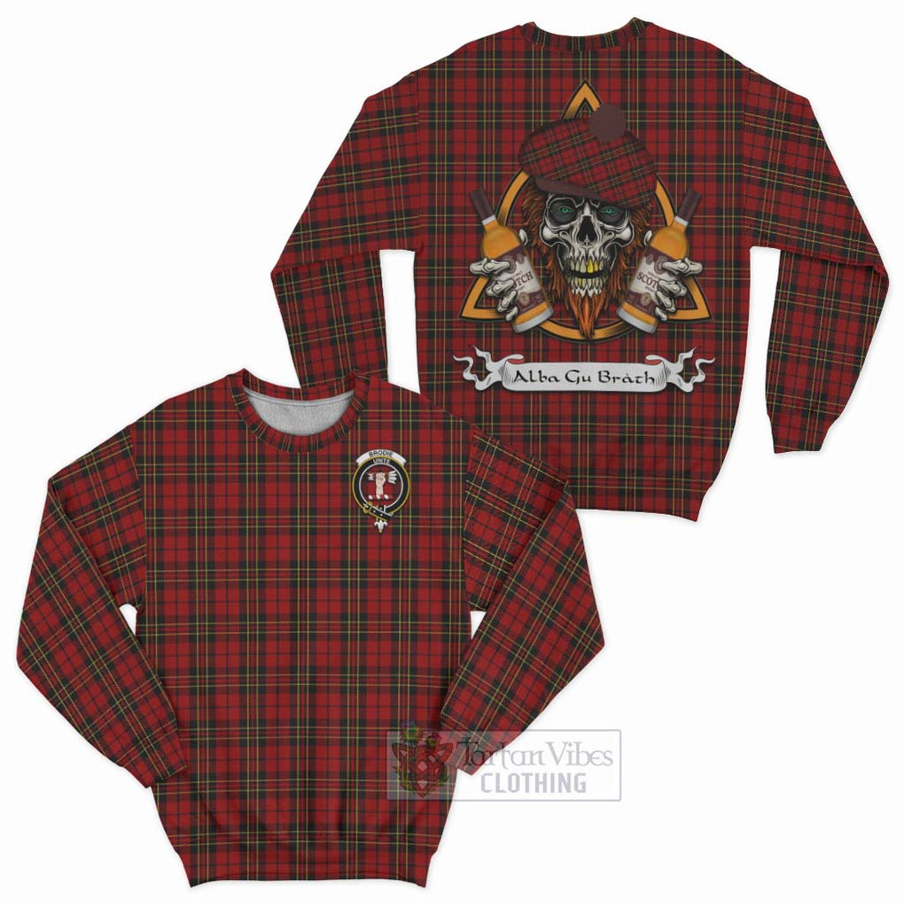 Tartan Vibes Clothing Brodie Tartan Sweatshirt with Family Crest and Bearded Skull Holding Bottles of Whiskey