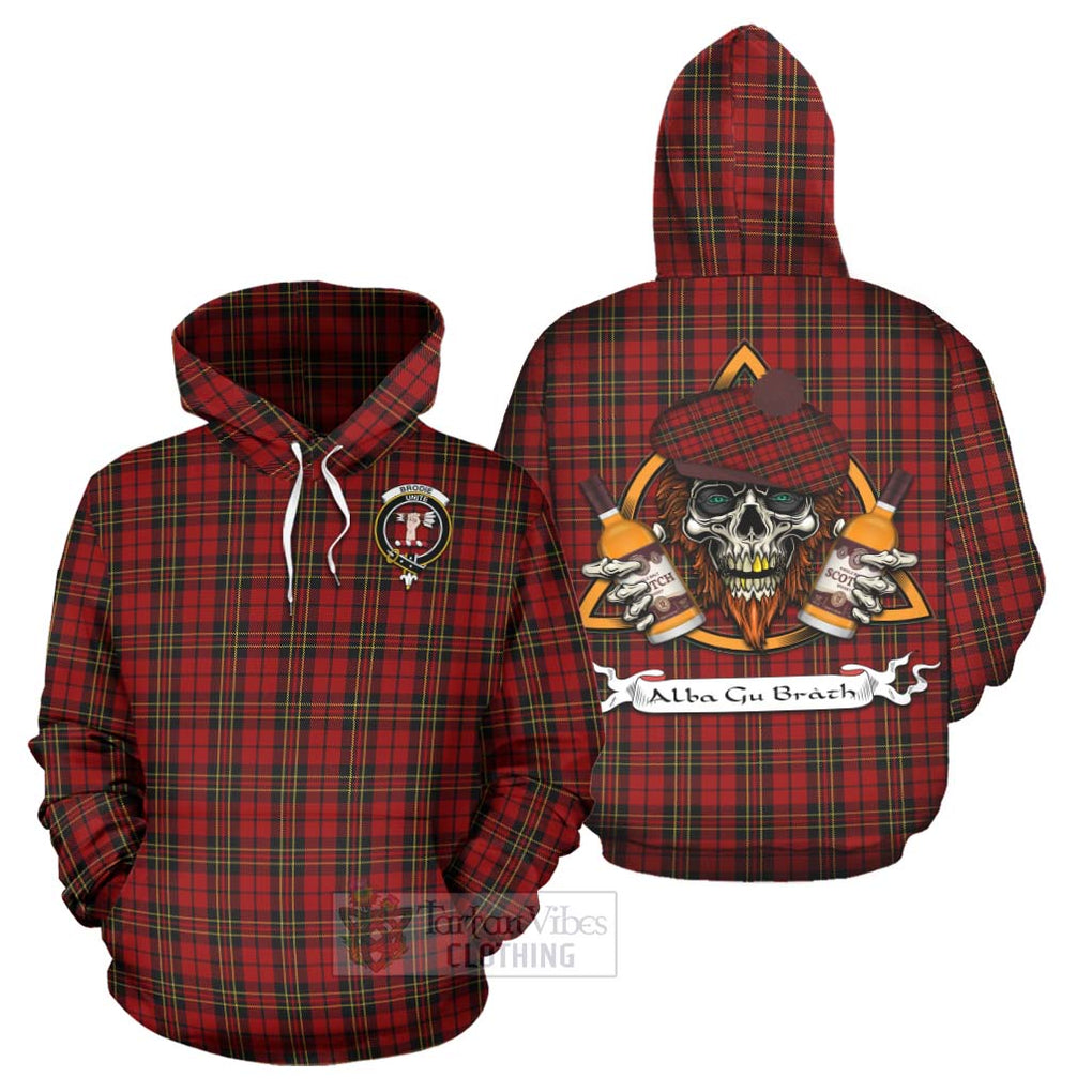 Tartan Vibes Clothing Brodie Tartan Hoodie with Family Crest and Bearded Skull Holding Bottles of Whiskey