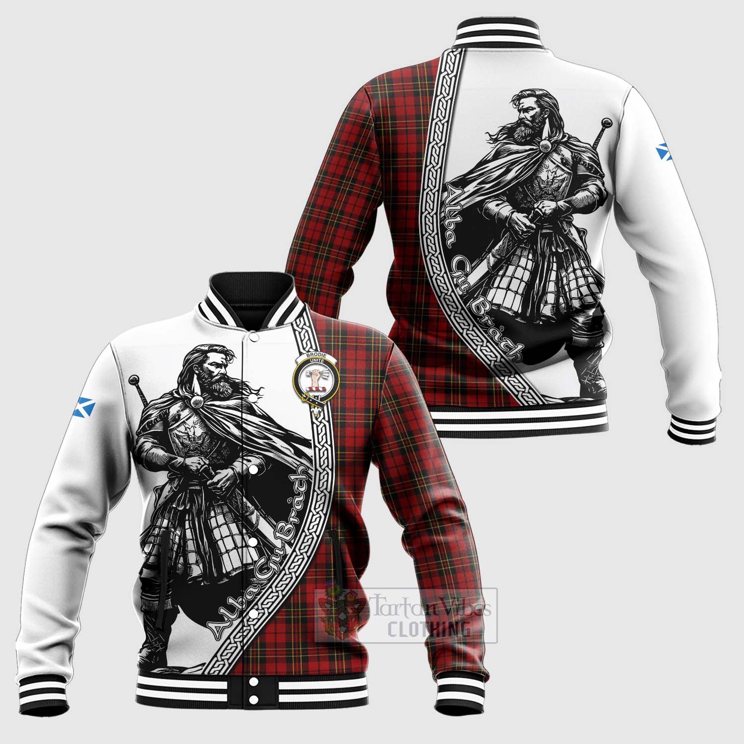 Tartan Vibes Clothing Brodie Tartan Clan Crest Baseball Jacket with Highlander Warrior Celtic Style