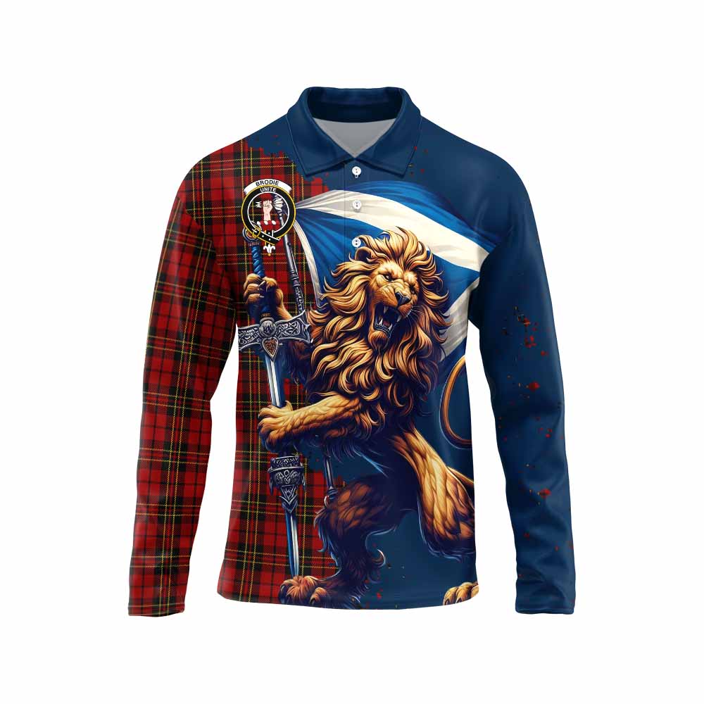 Tartan Vibes Clothing Brodie Tartan Family Crest Long Sleeve Polo Shirt with Scottish Majestic Lion