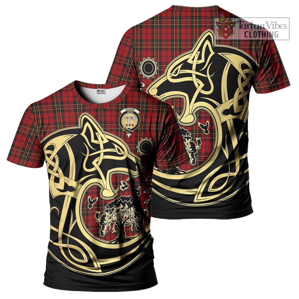 Tartan Vibes Clothing Brodie Tartan T-Shirt with Family Crest Celtic Wolf Style