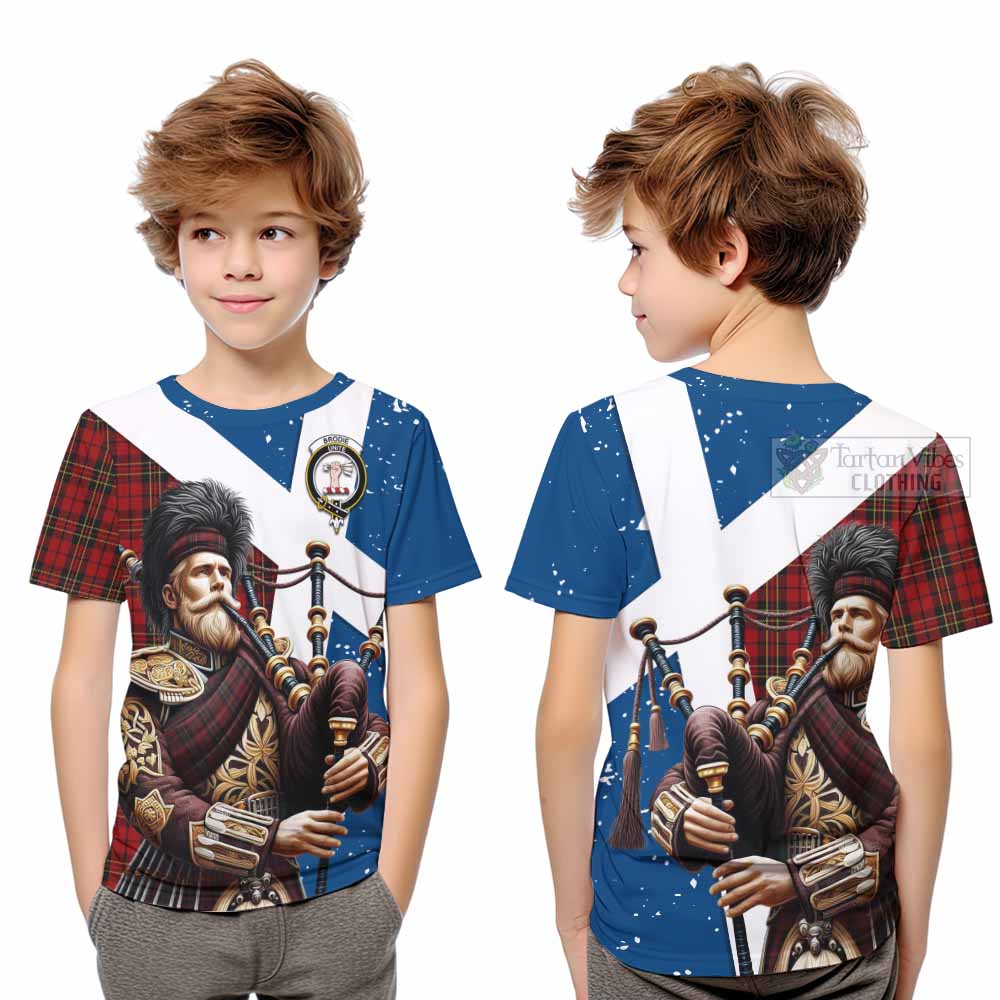 Tartan Vibes Clothing Brodie Tartan Kid T-Shirt with Family Crest Scottish Bagpiper Vibes