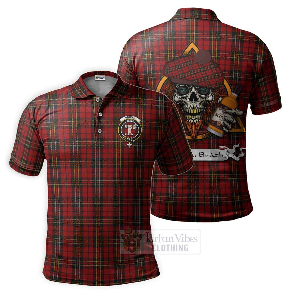 Tartan Vibes Clothing Brodie Tartan Polo Shirt with Family Crest and Bearded Skull Holding Bottles of Whiskey