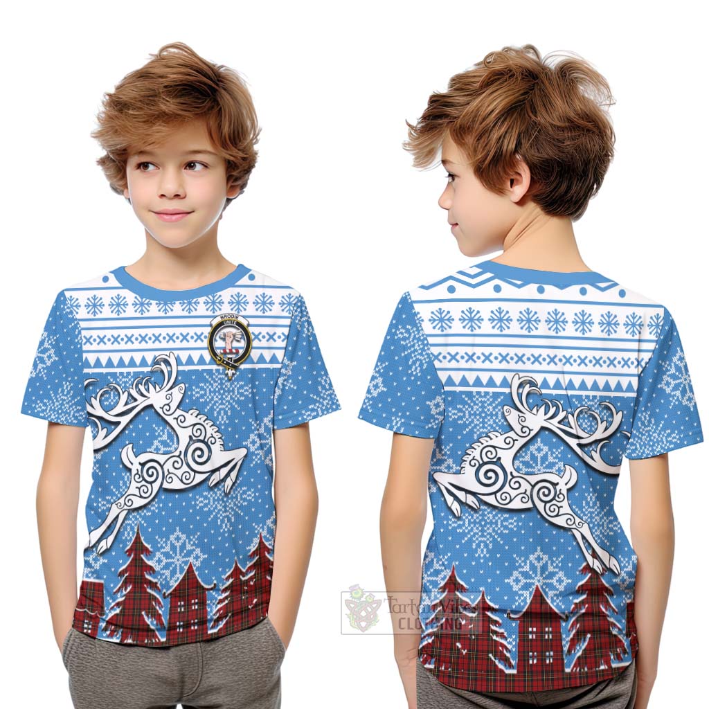 Tartan Vibes Clothing Brodie Clan Christmas Kid T-Shirt Celtic Reindeer Style