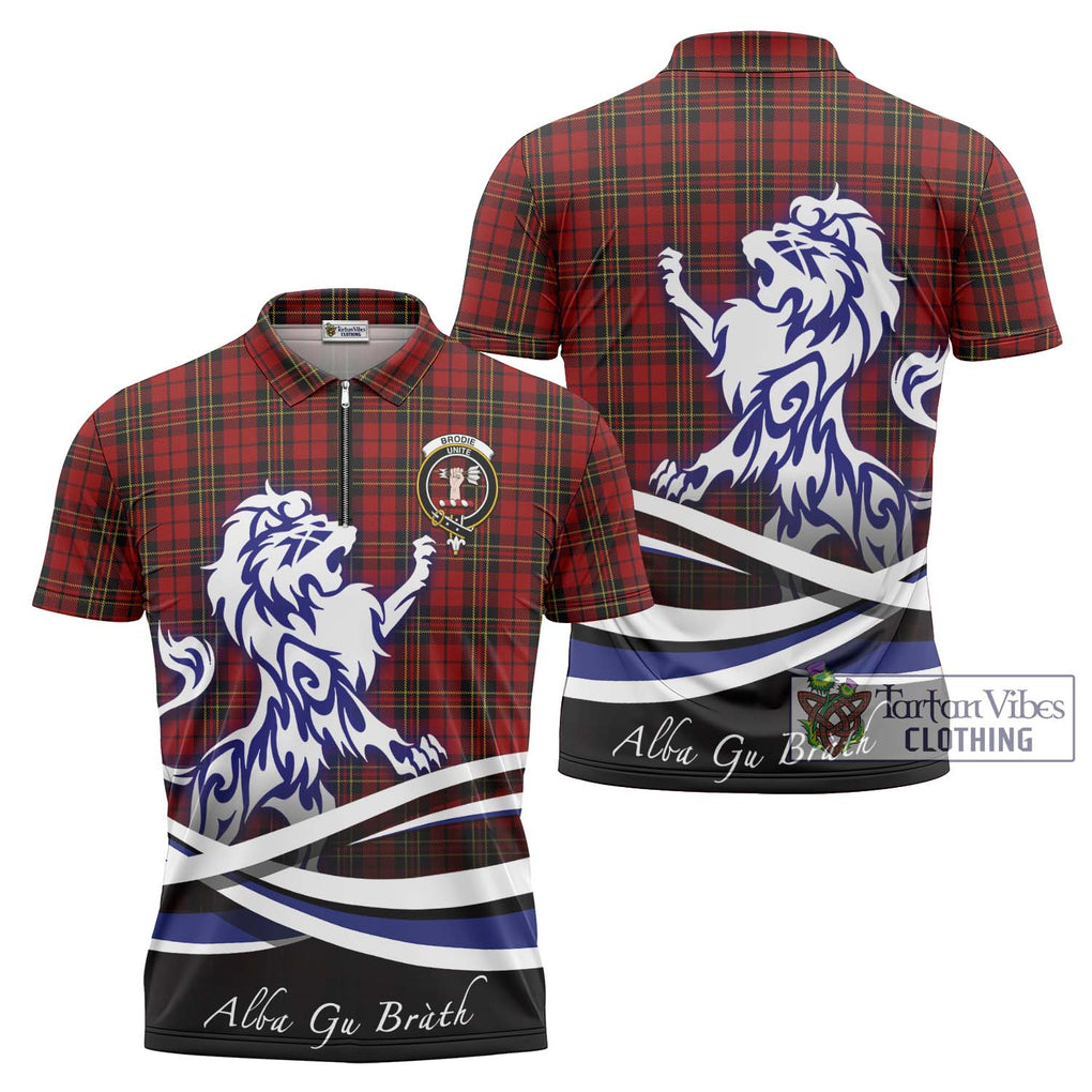 Brodie Tartan Zipper Polo Shirt with Alba Gu Brath Regal Lion Emblem Unisex - Tartanvibesclothing Shop