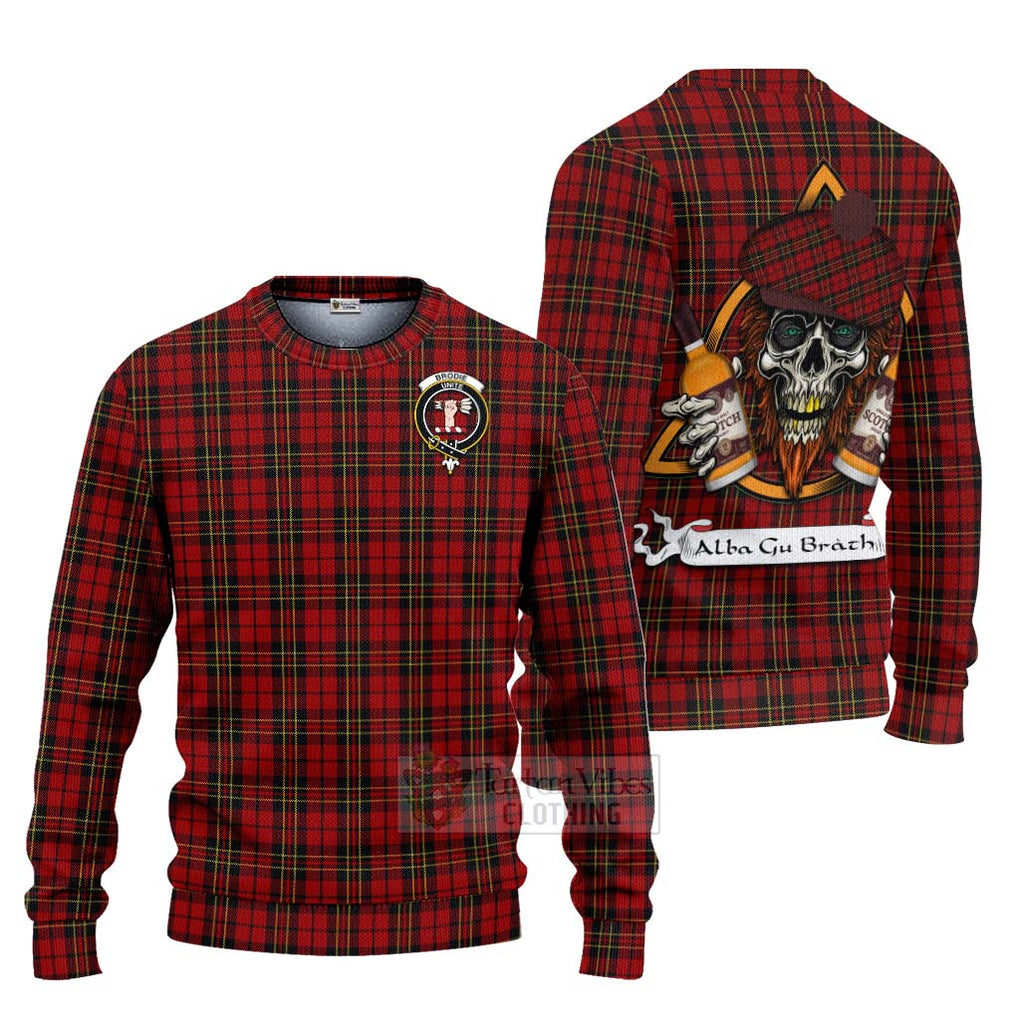 Tartan Vibes Clothing Brodie Tartan Knitted Sweater with Family Crest and Bearded Skull Holding Bottles of Whiskey