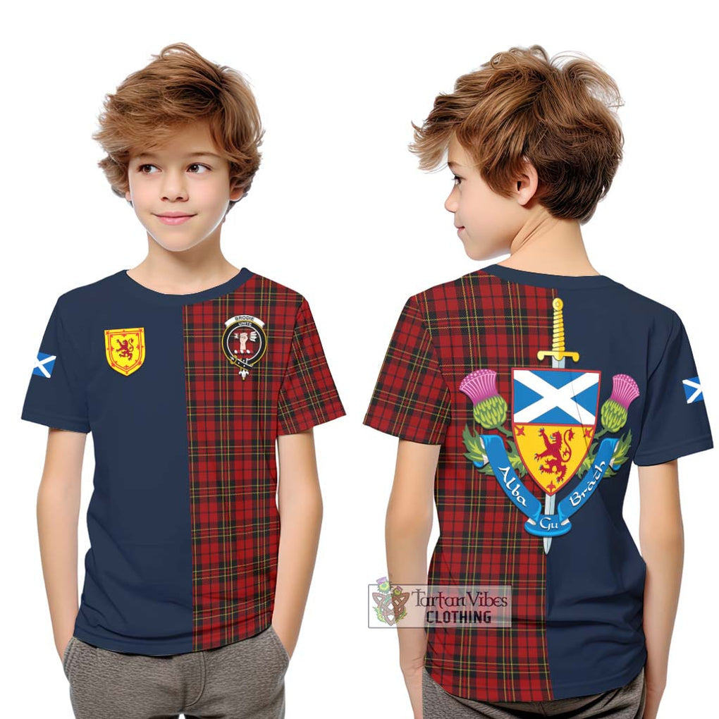 Tartan Vibes Clothing Brodie Tartan Kid T-Shirt with Scottish Lion Royal Arm Half Style