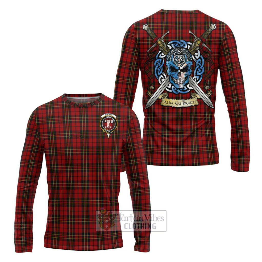 Tartan Vibes Clothing Brodie Tartan Long Sleeve T-Shirt with Family Crest Celtic Skull Style