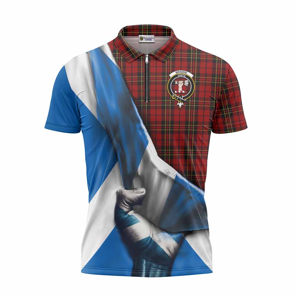 Tartan Vibes Clothing Brodie Tartan Zipper Polo Shirt with Family Crest Scotland Patriotic Style