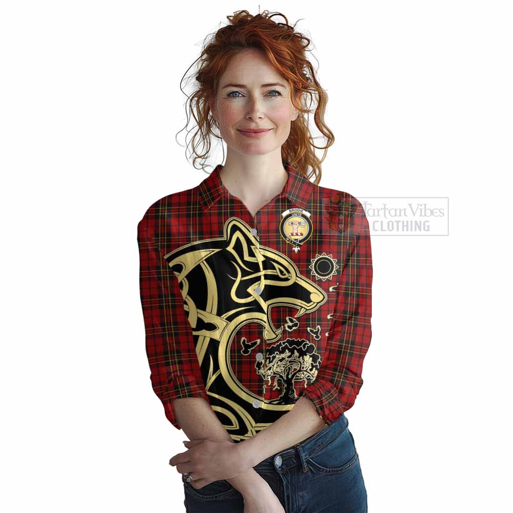 Tartan Vibes Clothing Brodie Tartan Women's Casual Shirt with Family Crest Celtic Wolf Style