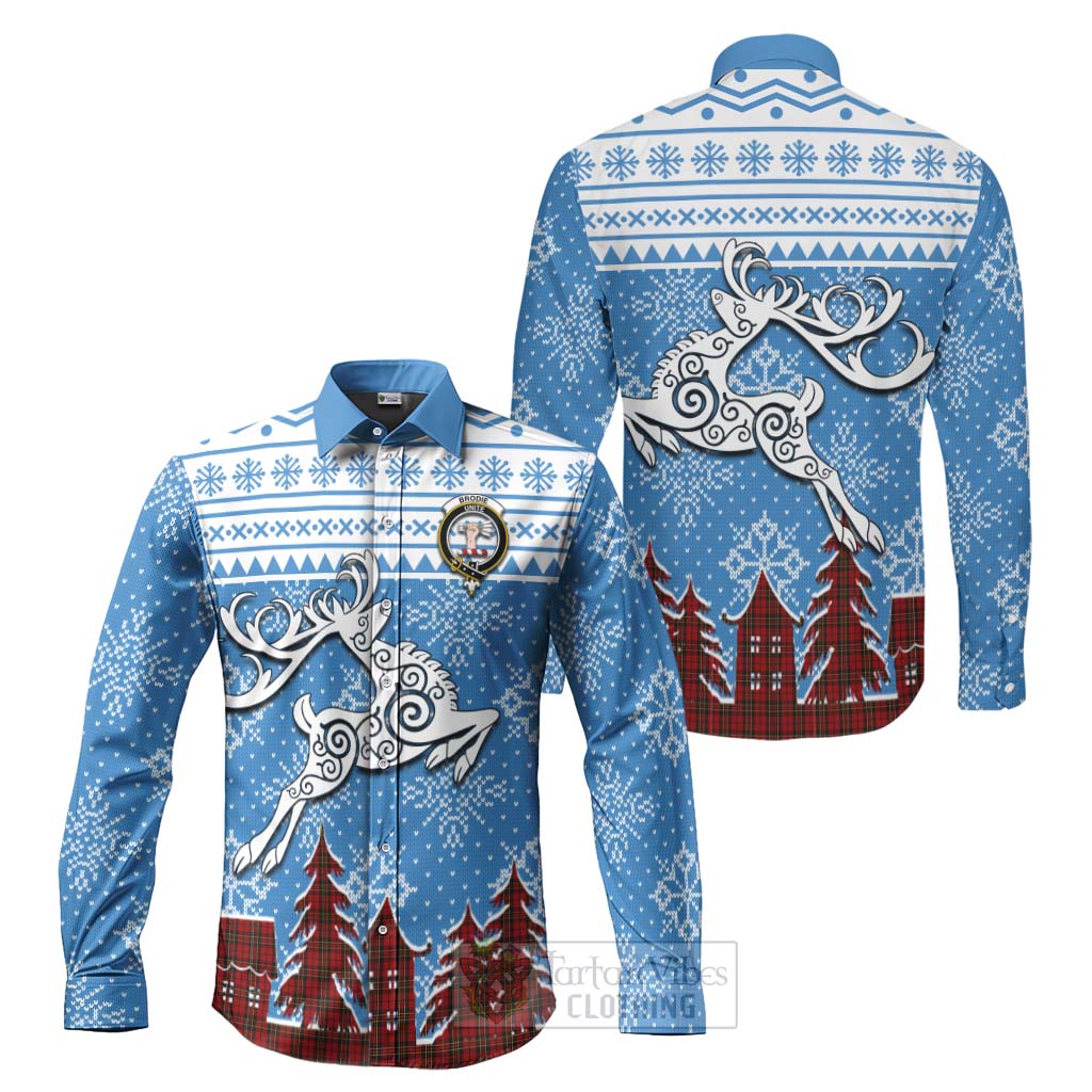 Tartan Vibes Clothing Brodie Clan Christmas Long Sleeve Button Shirt Celtic Reindeer Style